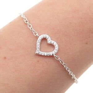 925 Sterling Silver Round-Cut C Z Heart Cable Link Bracelet 8.25"